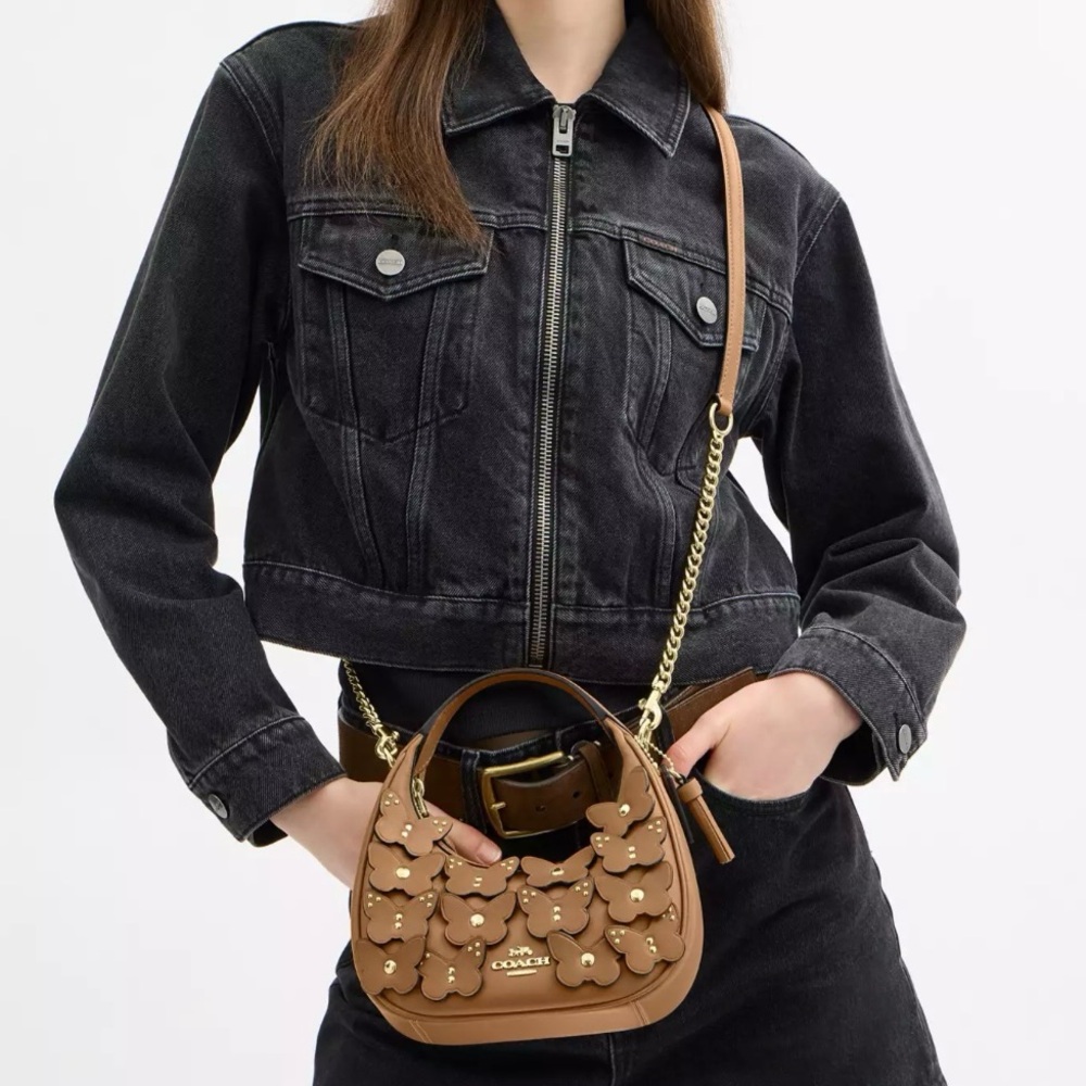 COACH NWT Brown and Gold Carmen Mini Crossbody Bag With Butterfly Appliqués - Picture 9 of 10
